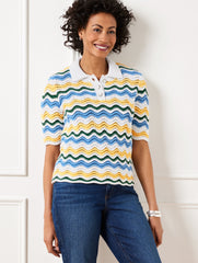 WHITE/HERITAGE GREEN FLAME STITCH POLO SWEATER | Talbots outlet