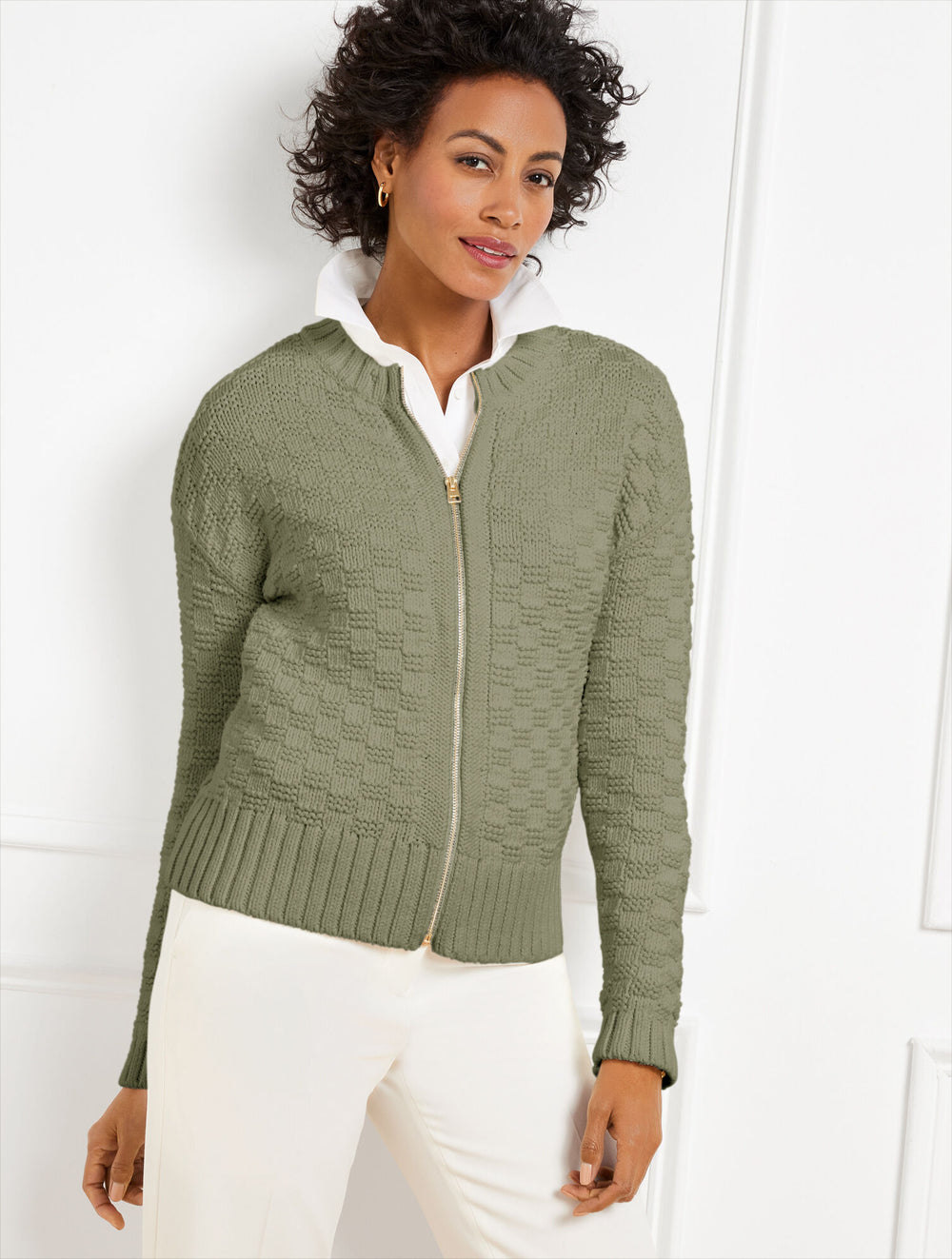 IVORY|SAGEBRUSH TEXTURE STITCH BOMBER CARDIGAN | Talbots on sale