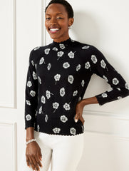 BLACK/IVORY SCALLOP EDGE RAGLAN SWEATER - DECO FLOWER | Talbots for sale
