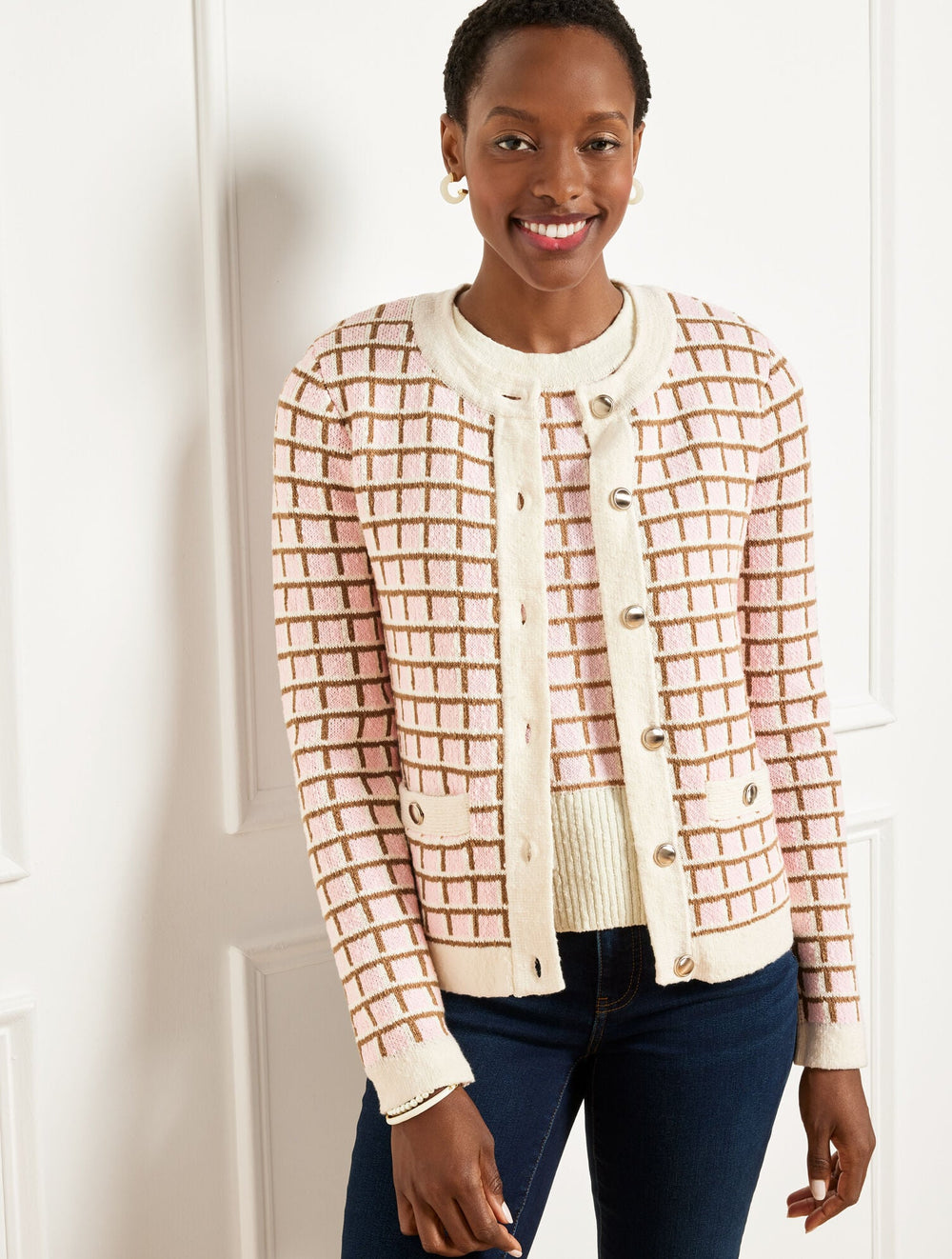 SOFT PINK/CAFE MULTI TEXTURED STITCH CREWNECK CARDIGAN - PLAID | Talbots discount