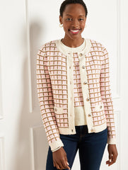 SOFT PINK/CAFE MULTI TEXTURED STITCH CREWNECK CARDIGAN - PLAID | Talbots discount
