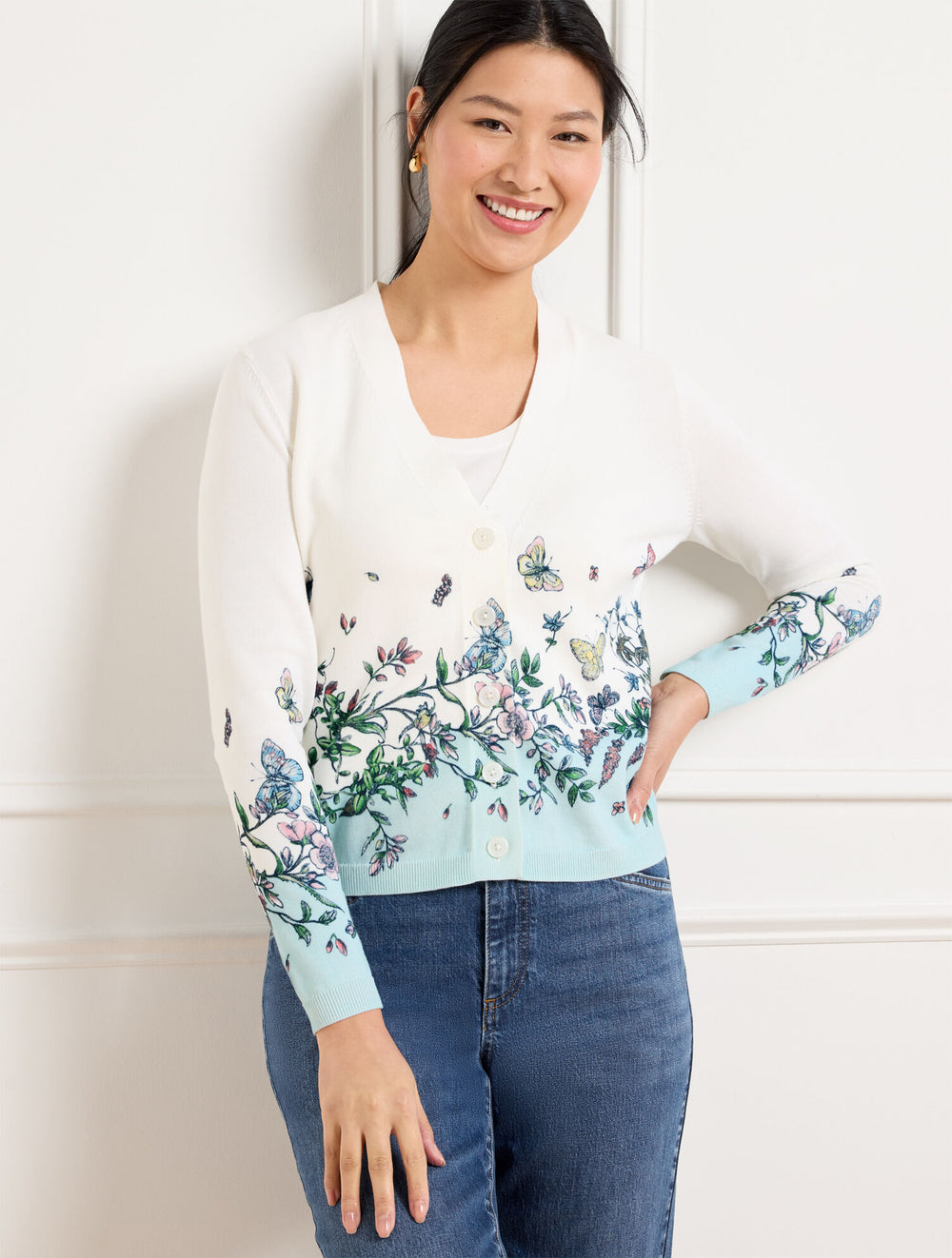 BLUE ICE/HERITAGE GREEN V-NECK CARDIGAN - PENCIL BUTTERFLY | Talbots sale
