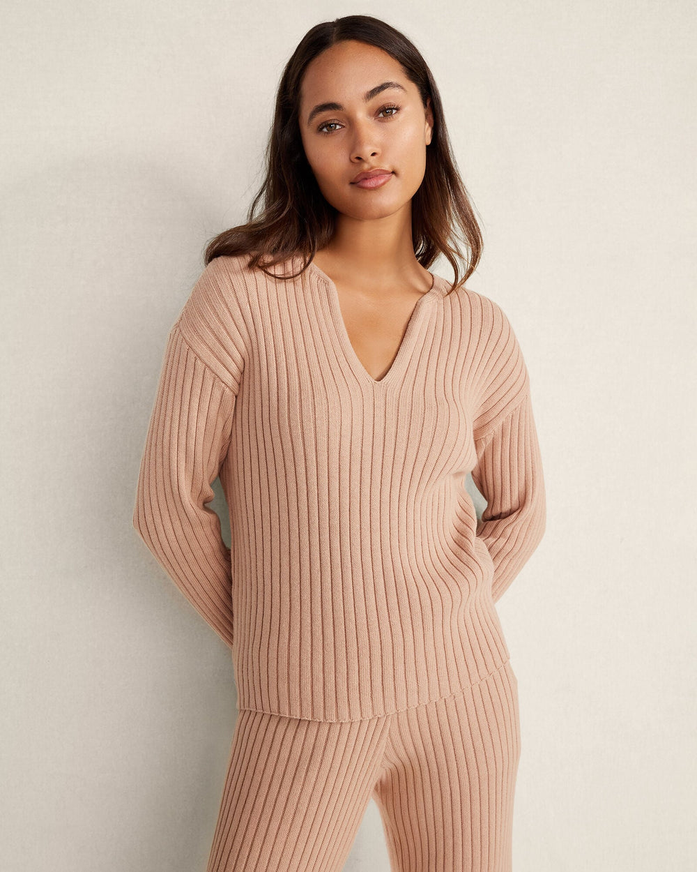 ADOBE COTTON CASHMERE RIB V-NECK SWEATER | Talbots discount