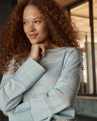 STREAM|WHITE ORGANIC COTTON SHEER STRIPE BATEAU NECK SWEATER | Talbots outlet