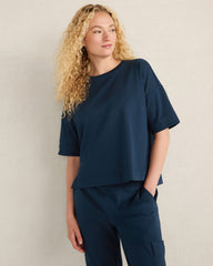BLACK|IVORY|TWILIGHT PLAITED ORGANIC COTTON JERSEY TEE | Talbots near me