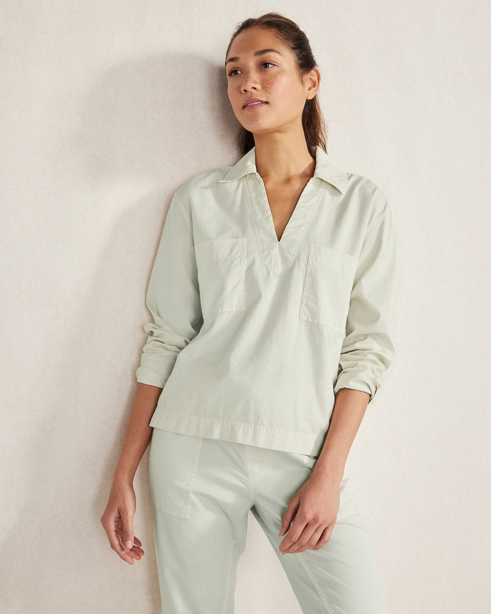BIRCH|MINERAL|TUSCAN OLIVE LIGHTWEIGHT TWILL COLLARED PULLOVER | Talbots on sale