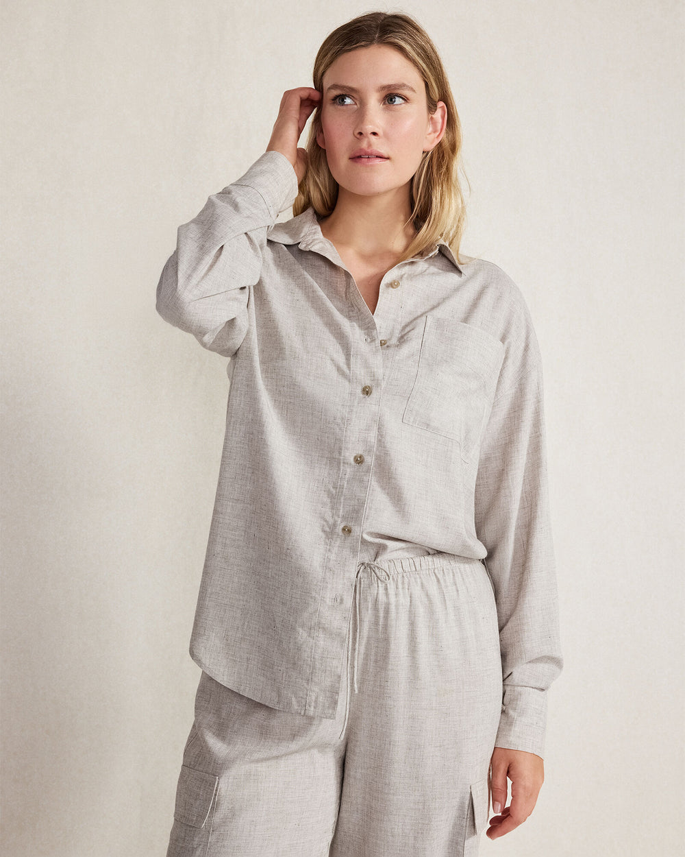 GREY MELANGE DRAPEY WOOL BUTTON DOWN TOP | Talbots US