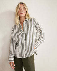 OLIVE/IVORY|WIND/IVORY LINEN STRIPED BOXY SHIRT | Talbots discount