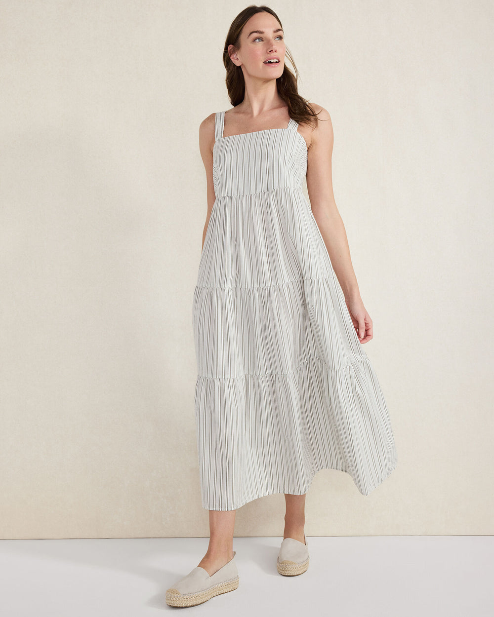 IVORY/OLIVE ORGANIC COTTON POPLIN STRIPED MIDI DRESS | Talbots outlet
