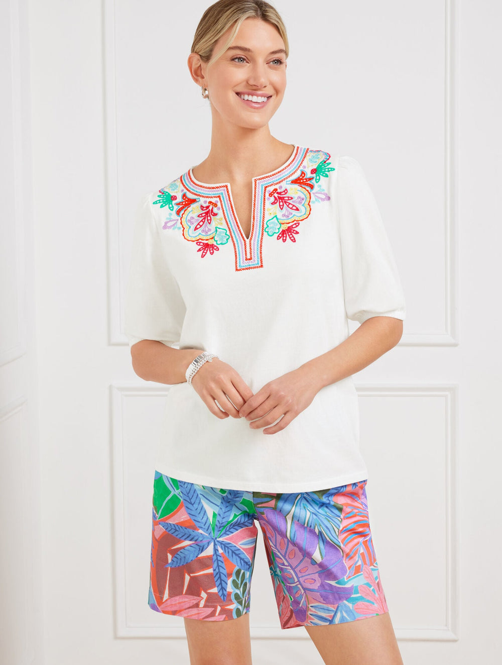 WHITE EMBROIDERED SPLIT NECK TOP | Talbots US