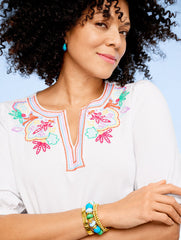 WHITE EMBROIDERED SPLIT NECK TOP | Talbots US