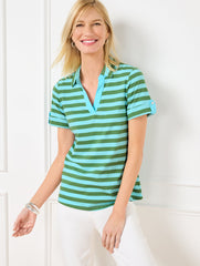 VIVID TURQUOISE/OLIVE ROLL CUFF JOHNNY COLLAR PULLOVER | Talbots sale