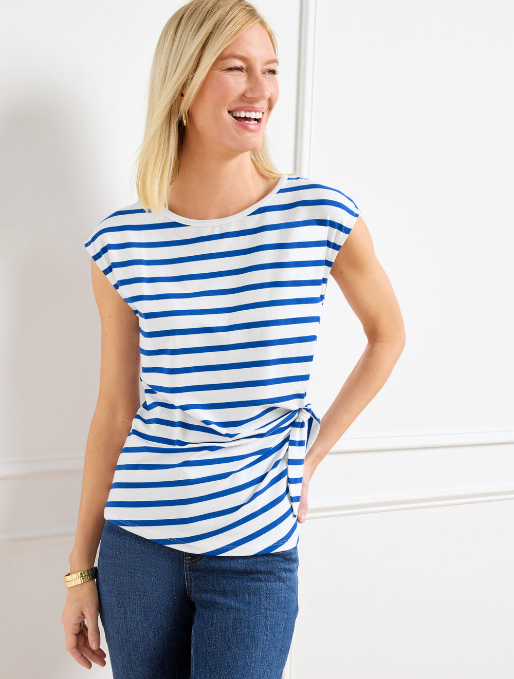 WHITE/BLUE MAJESTY|WHITE/DARK WALNUT SIDE TIE CREWNECK TEE - STRIPE | Talbots near me