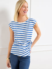 WHITE/BLUE MAJESTY|WHITE/DARK WALNUT SIDE TIE CREWNECK TEE - STRIPE | Talbots near me
