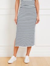 WHITE/INDIGO SEASIDE FRENCH TERRY STRIPE MIDI SKIRT | Talbots sale