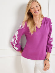 VIOLET SUNSET EMBROIDERED SPLIT NECK TEE | Talbots sale