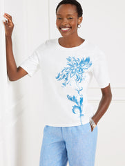 WHITE ELBOW SLEEVE CREWNECK TEE - OCEAN FLORA | Talbots on sale
