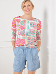 IVORY/VILLA BLUE MULTI BATEAU NECK TEE - PAINTERLY TILES | Talbots on sale
