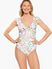 WHITE MULTI AQUA CLUB RUFFLE V-NECK ONE-PIECE SWIMSUIT - ISLAND PAISLEY | Talbots outlet