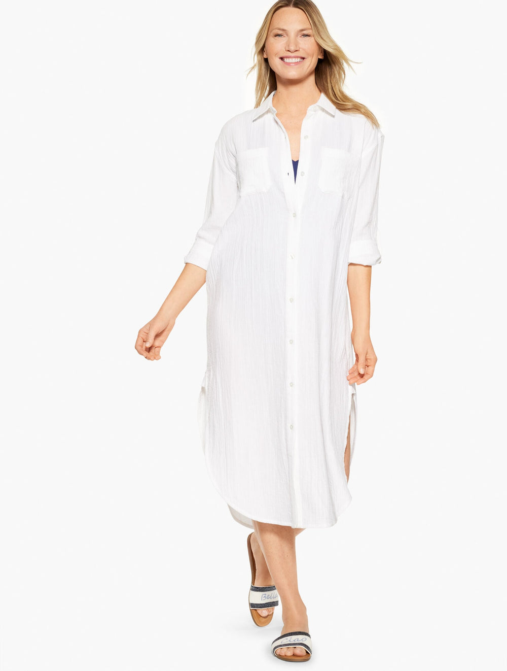 DARK WALNUT|WHITE AQUA CLUB GAUZE LONG SHIRT COVER-UP | Talbots US