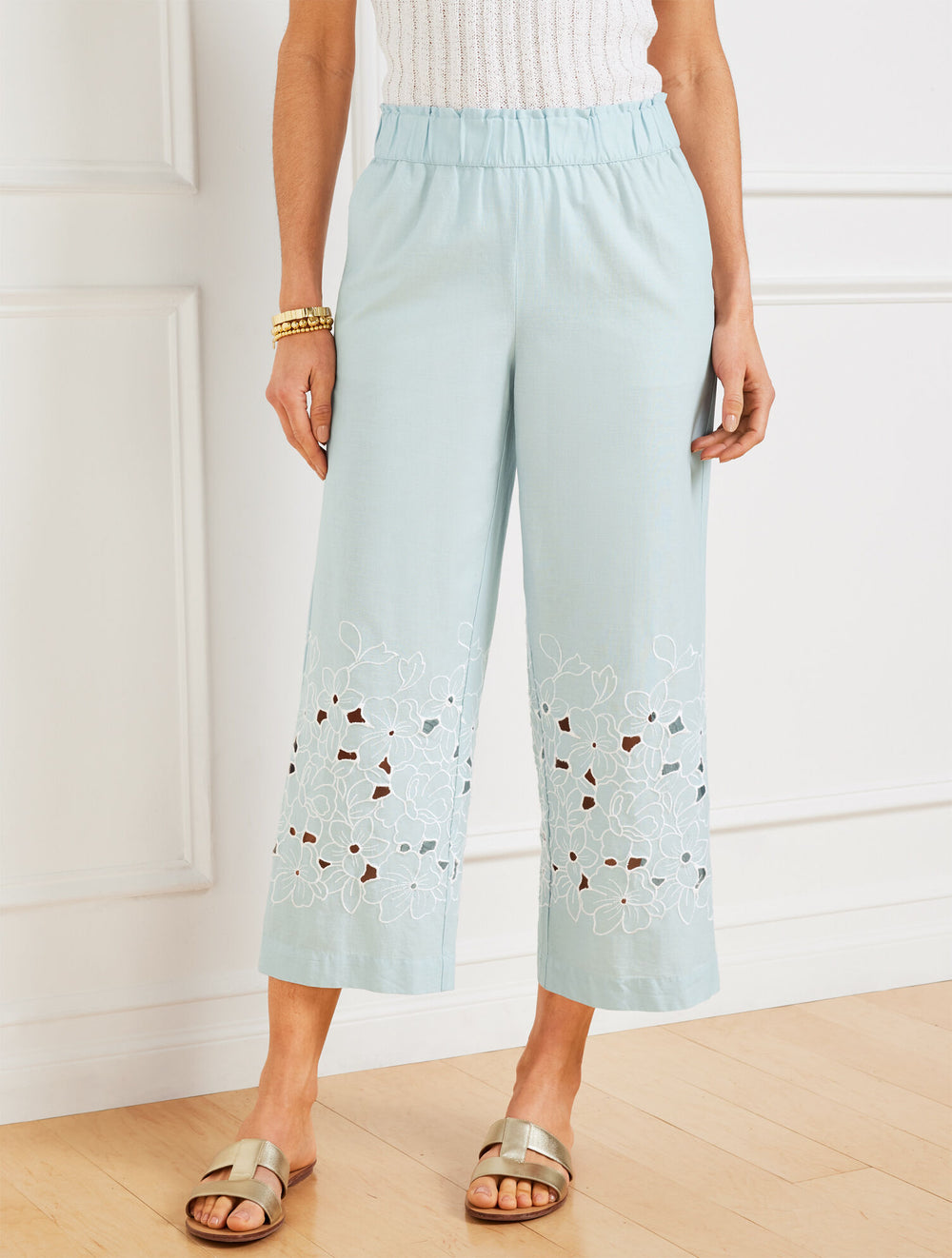 SOFT BLUE WIDE CROP PULL-ON EMBROIDERED WASHED LINEN PANTS | Talbots for sale
