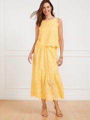 CORN SILK FLORAL DIAMOND EYELET FLOUNCE MIDI SKIRT | Talbots discount
