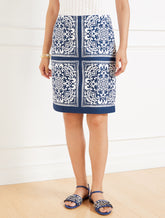 INDIA INK/WHITE CANVAS A-LINE SKIRT - ELABORATE MEDALLION | Talbots on sale