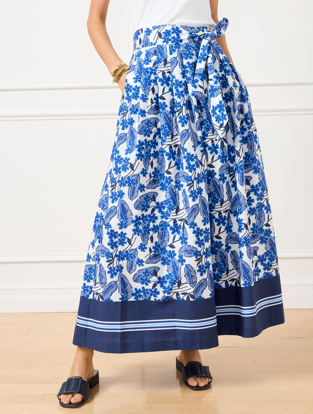 WHITE/BLUE MAJESTY PIPER PLEATED PATIO MAXI SKIRT - FLORAL PALMS | Talbots sale