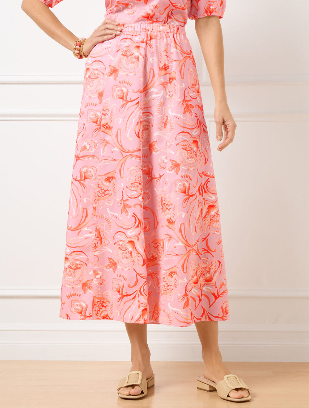 SOFT PINK MULTI FRESH POPLIN SEAMED MIDI SKIRT - JACOBEAN FANTASIA | Talbots for sale