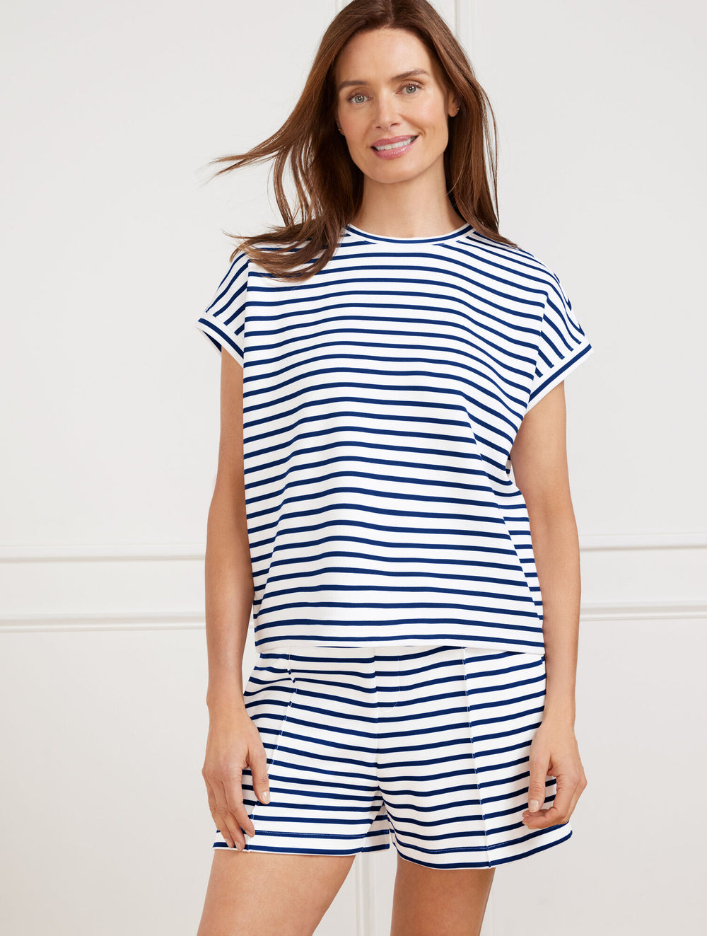 WHITE/INDIA INK AIRKNIT STRETCH CREWNECK TEE - ACE STRIPE | Talbots outlet