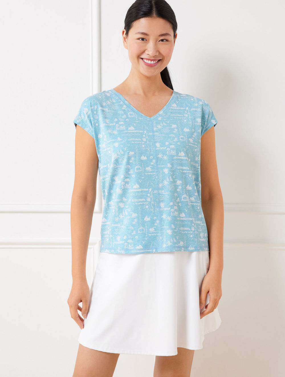 INDIGO/WHITE|LIGHT JADE/WHITE|SEA BLUE/WHITE SUPERSOFT JERSEY V-NECK TEE - SEASIDE VILLA | Talbots near me