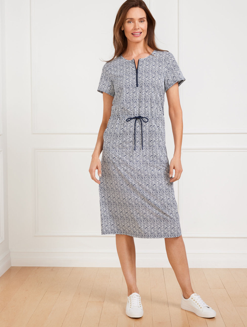 INDIA INK/WHITE LIGHTWEIGHT WOVEN STRETCH DRAWSTRING WAIST DRESS - WATER SWIRLS | Talbots outlet