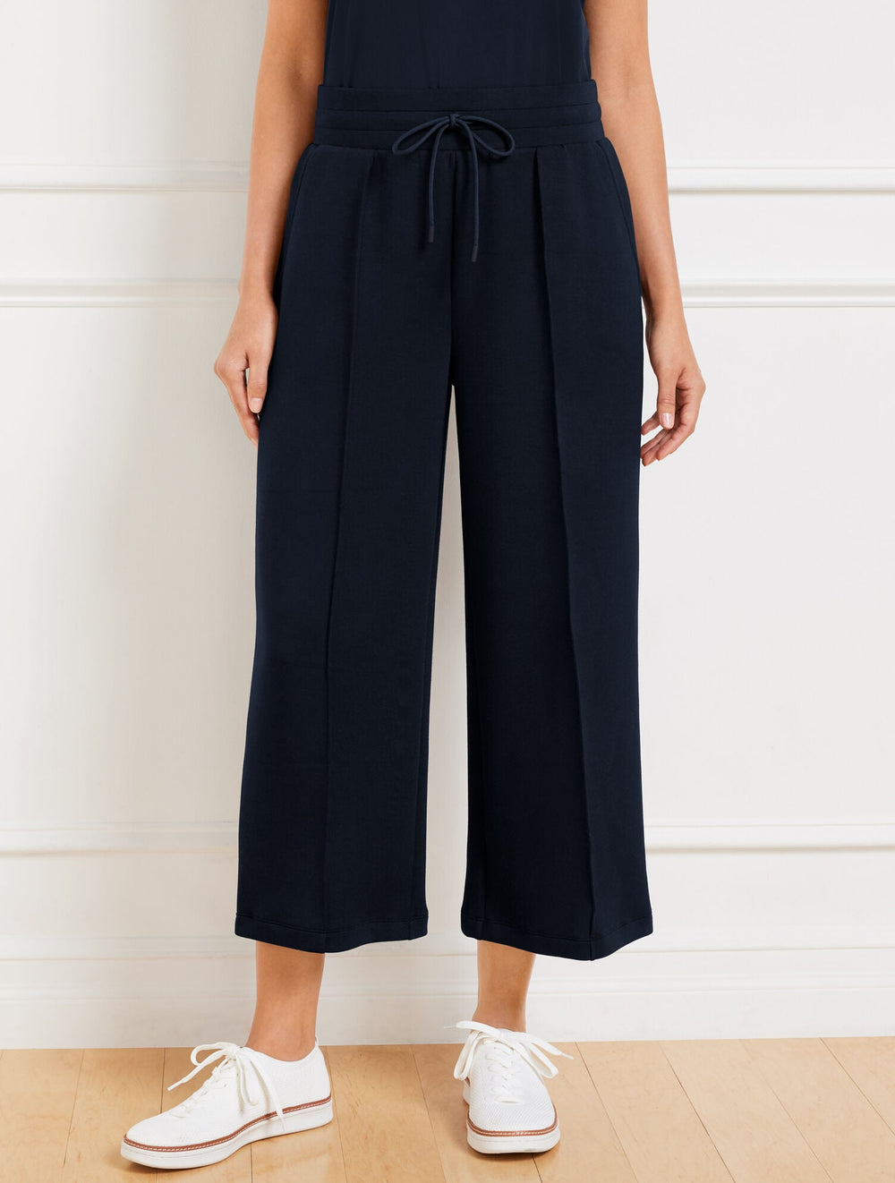 BLACK|INDIGO BLUE AIRKNIT STRETCH WIDE CROP PANTS | Talbots on sale