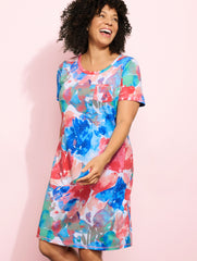 WHITE MULTI FRENCH TERRY T-SHIRT DRESS - PAINTED FLOWERS | Talbots US