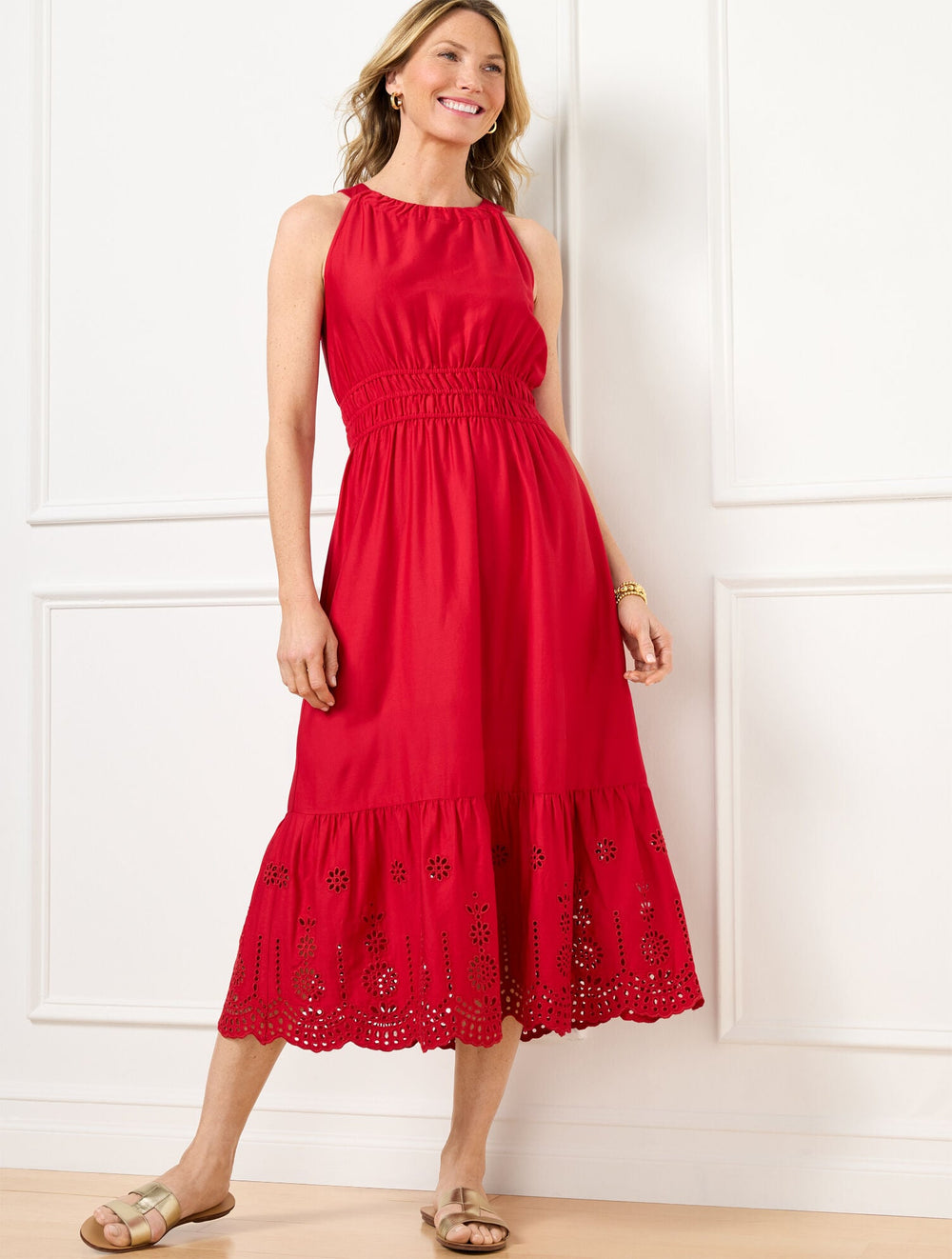 RED POP EYELET HALTER FIT & FLARE DRESS | Talbots for sale