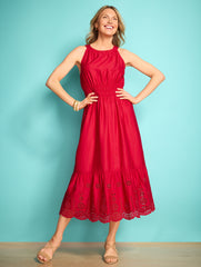 RED POP EYELET HALTER FIT & FLARE DRESS | Talbots for sale