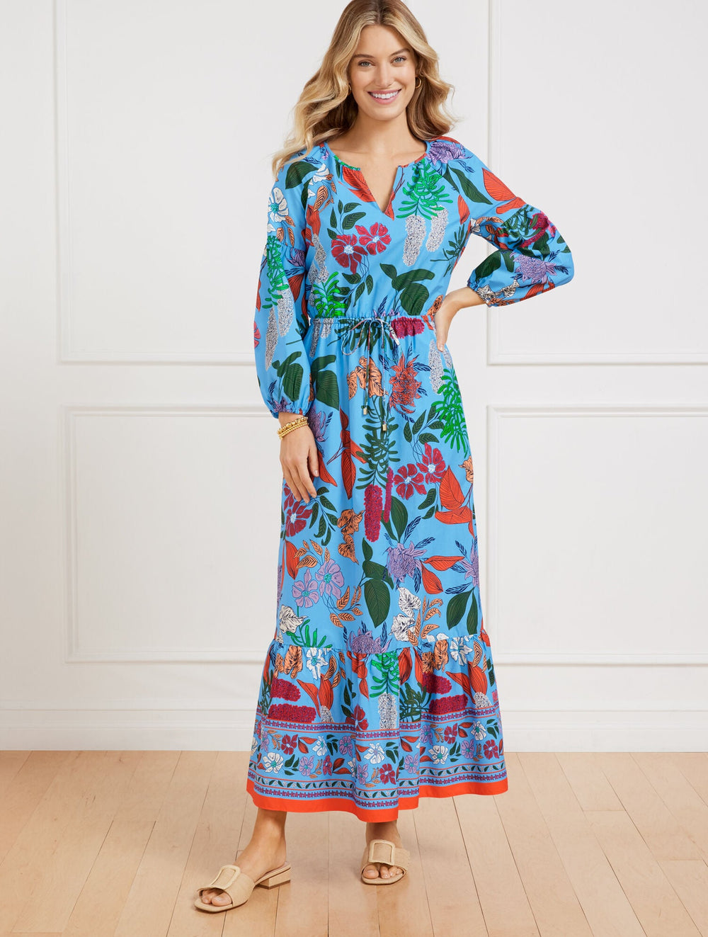 LAKESIDE BLUE MULTI MODERN POPLIN PUFF SLEEVE DRESS - JOYFUL FLORAL | Talbots sale
