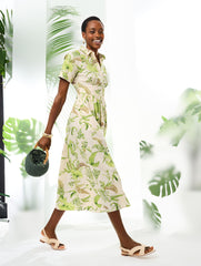 BEIGE/CITRUS LEAF MULTI MODERN POPLIN SMOCKED MIDI DRESS - BRANCHING FLORAL | Talbots for sale