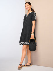BLACK EMBROIDERED TIERED DRESS | Talbots US