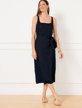 INDIGO BLUE SQUARE NECK WRAP LINEN DRESS | Talbots for sale