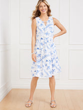 WHITE/BLUE WAVE LINEN BLEND SWING DRESS - OCEAN FLORA | Talbots on sale