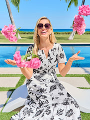 WHITE/BLACK FLUTTER SLEEVE MIDI DRESS - SILHOUETTE PALMS | Talbots sale