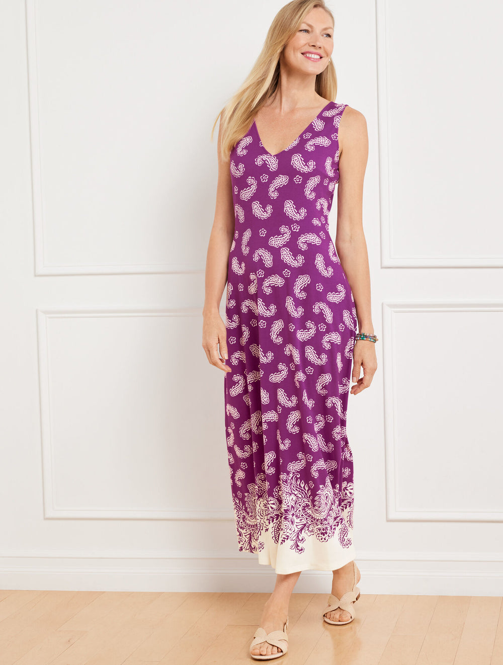 IVORY/VIOLET SUNSET V-NECK JERSEY MIDI DRESS - OBLIQUE PAISLEY | Talbots sale