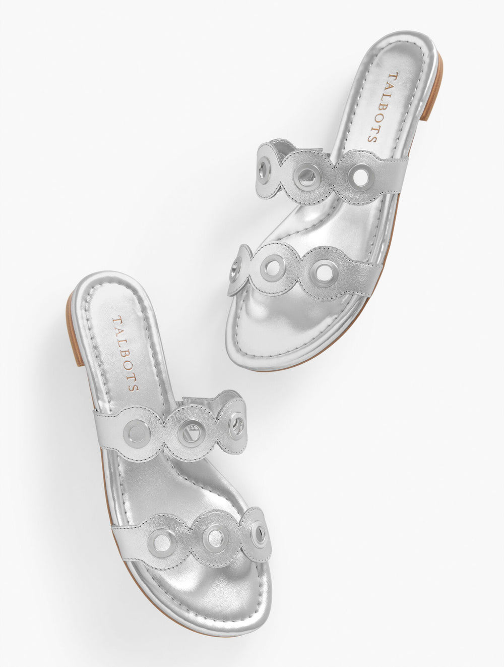 SILVER CAMY EYELET NAPPA METALLIC SLIDE SANDALS | Talbots on sale