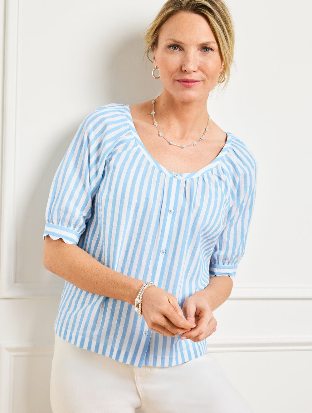 LAKESIDE BLUE/SILVER METALLIC BUTTON FRONT TOP - DELIGHTFUL STRIPE | Talbots discount