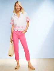 WHITE/CAMELLIA ROSE EMBROIDERED LINEN COTTON SHORT SHIRT - SCALLOP MEDALLION | Talbots sale