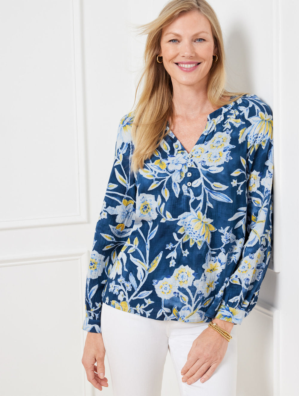 INDIA INK MULTI BAND COLLAR TOP - SKETCHED BOTANICAL | Talbots for sale