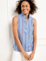 BLUE MULTI SLEEVELESS NON-IRON POPOVER - AMAZING STRIPE | Talbots discount