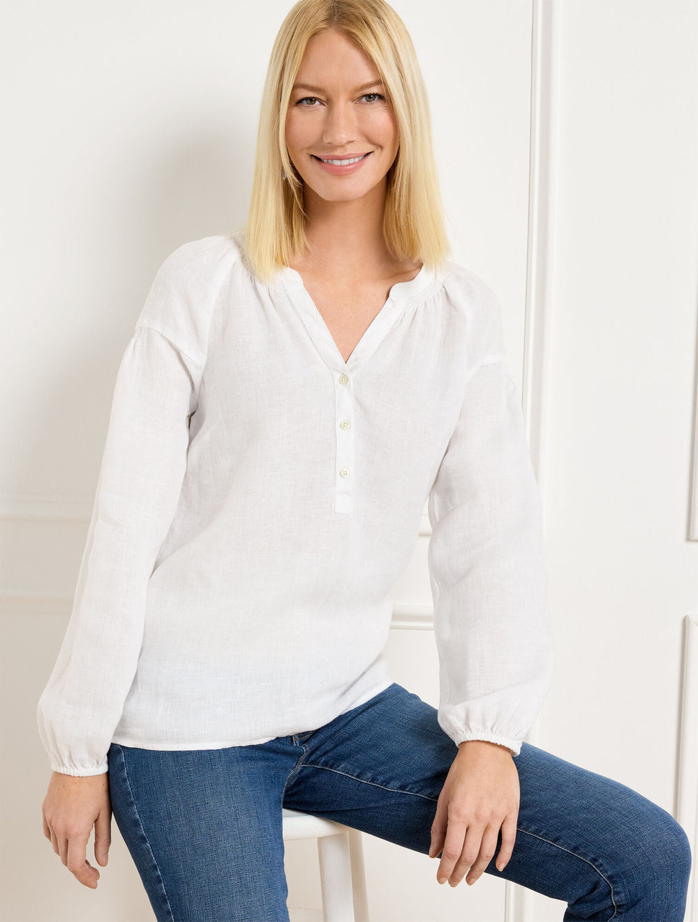 WHITE LANTERN SLEEVE LINEN TOP | Talbots online