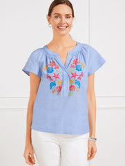 BLUEBELL/WHITE LINEN COTTON TOP - EMBROIDERED SEASHELL | Talbots online